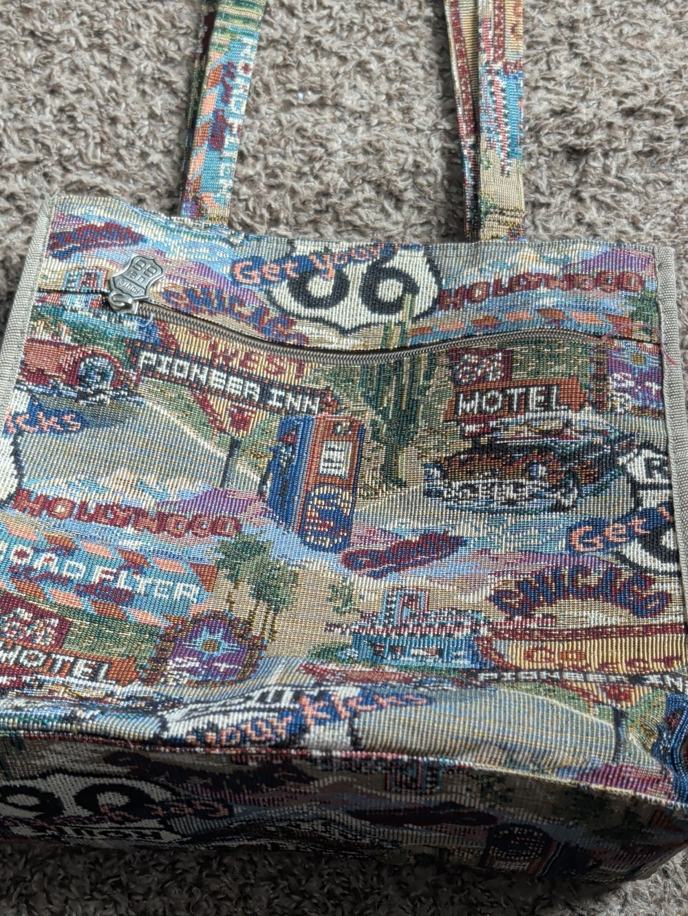 Multicolor Roadside Tapestry Tote Bag with Dual Shoulder Straps